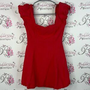 Jessica Simpson dress smocked puff sleeve bright Vibrant Red Textured Dress